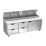 Beverage Air DPD93HC-4 93" one door and four drawers pizza prep table, front view, door closed