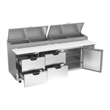 Beverage Air DPD93HC-4 93" one door and four drawers pizza prep table, with the door open showing the interior