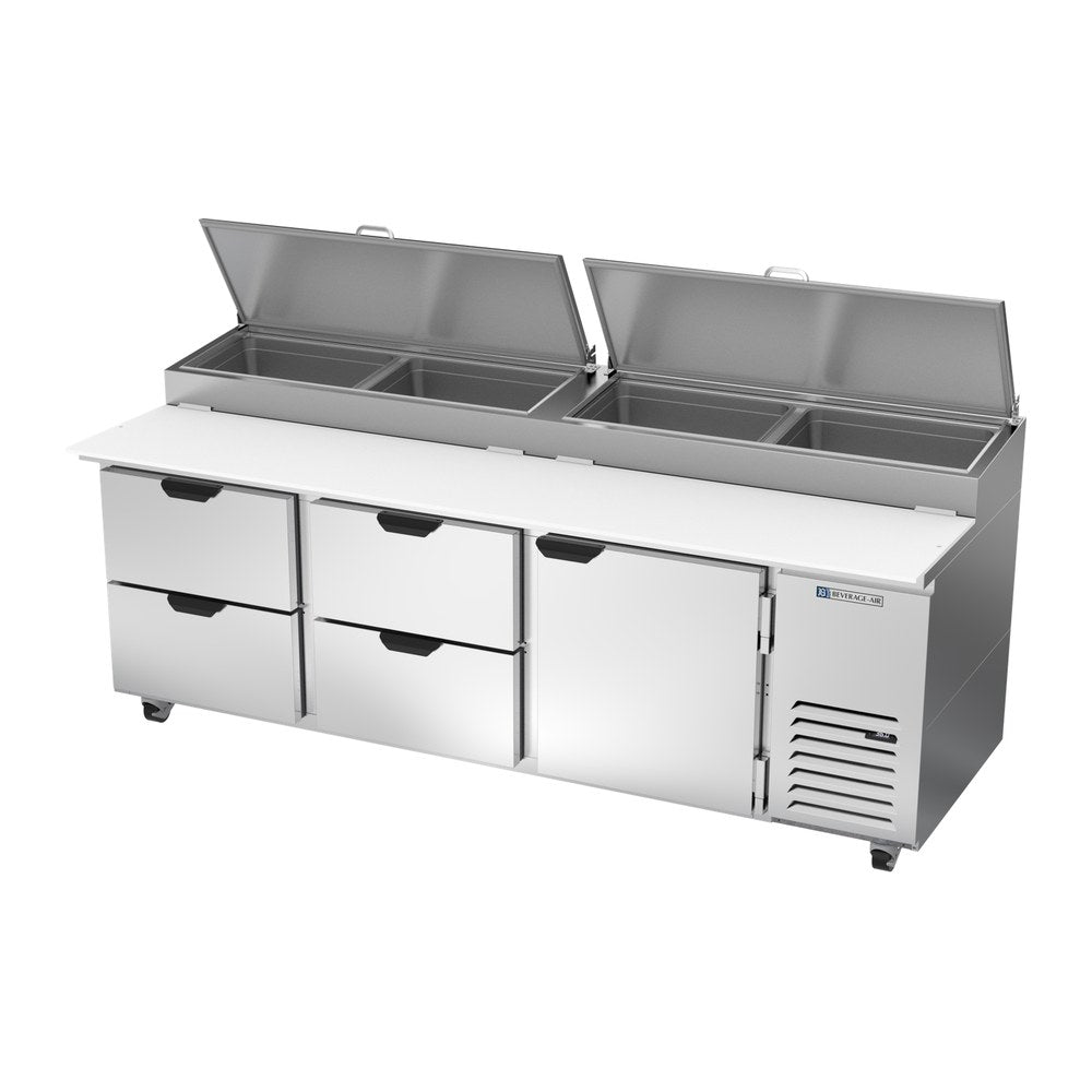 Beverage Air DPD93HC-4 93" one door and four drawers pizza prep table, side angle view, door closed