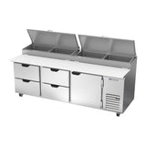 Beverage Air DPD93HC-4 93" one door and four drawers pizza prep table, side angle view, door closed