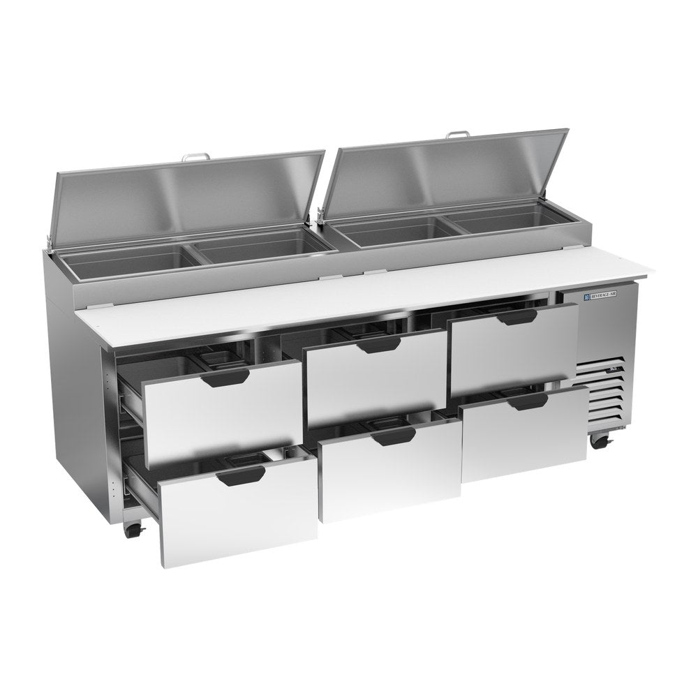 Beverage Air DPD93HC-6 93" six drawers pizza prep table, with the door open showing the interior