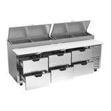 Beverage Air DPD93HC-6 93" six drawers pizza prep table, with the door open showing the interior