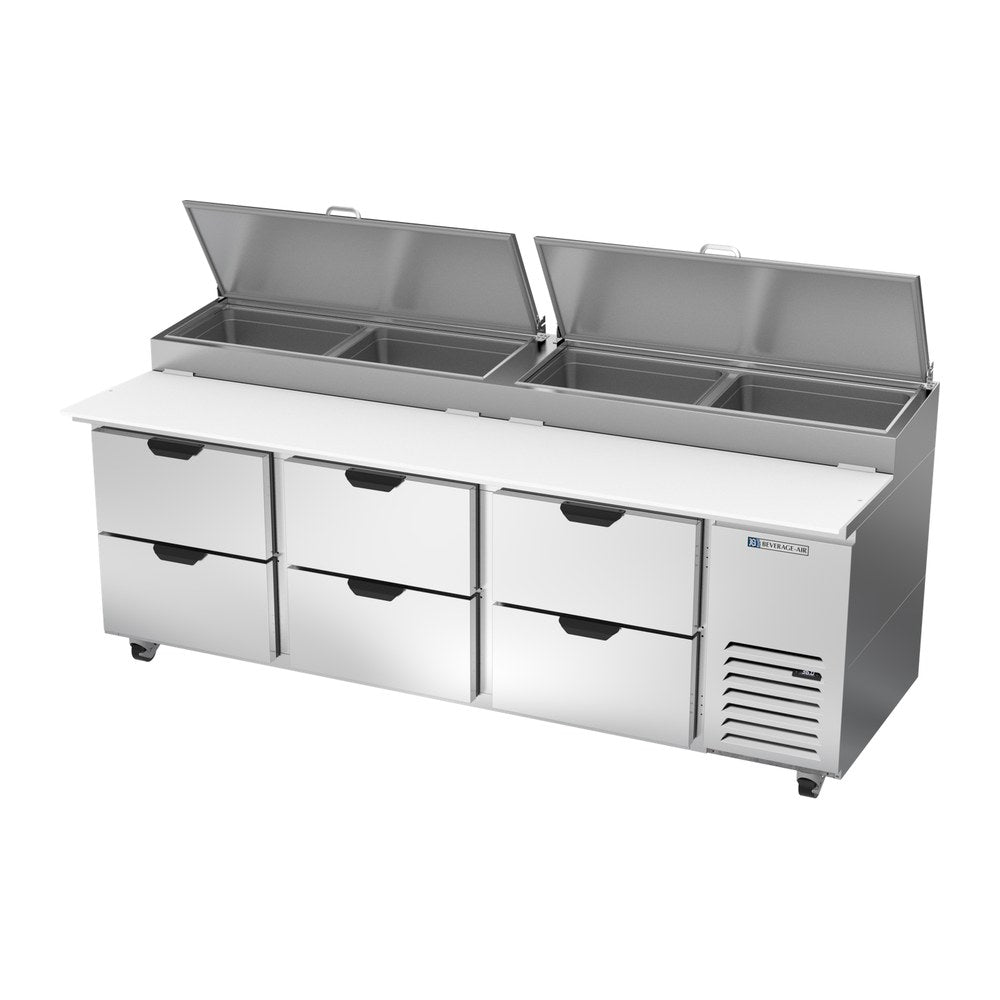 Beverage Air DPD93HC-6 93" six drawers pizza prep table, side angle view, door closed
