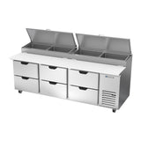 Beverage Air DPD93HC-6 93" six drawers pizza prep table, side angle view, door closed