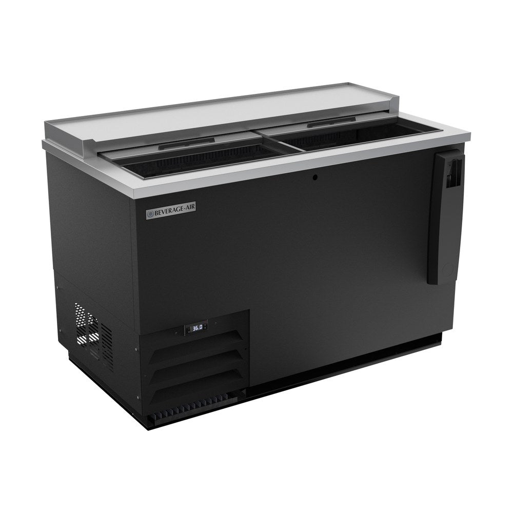 Beverage Air DW49HC-B 50" bottle cooler, with the lids open showing the interior