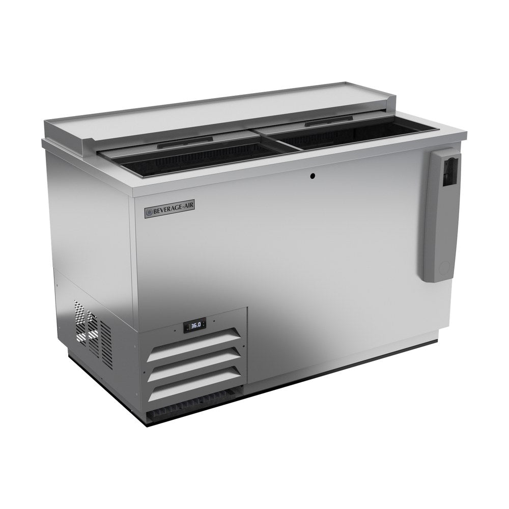 Beverage Air DW49HC-S 50" bottle cooler, with the lids open showing the interior