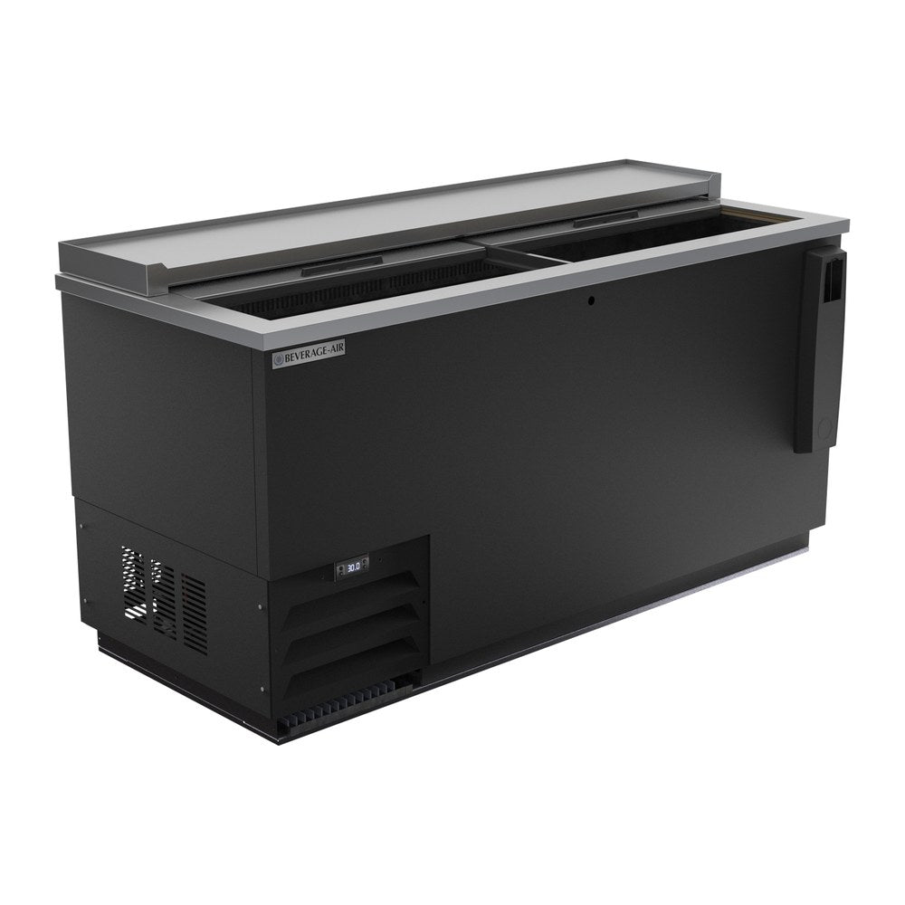 Beverage Air DW64HC-B-29 65" bottle cooler, with the lids open showing the interior