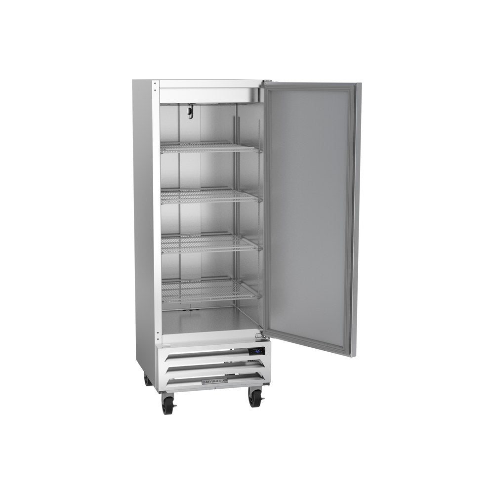 Beverage Air HBF12HC-1 24" one solid door reach-in freezer, with the door open showing the interior