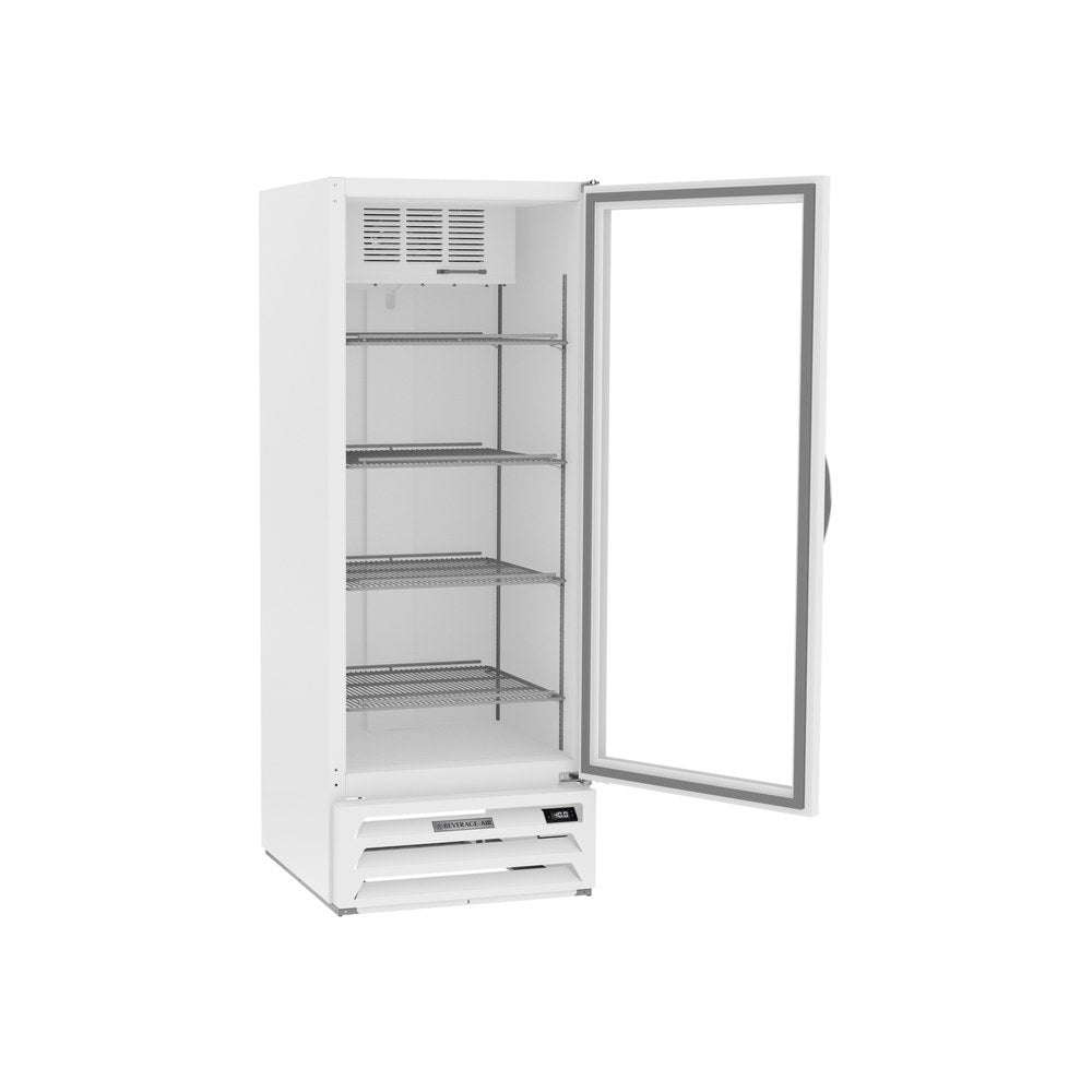 Beverage Air MMF12HC-1-W 24-1/8" one glass swing door merchandiser freezer, with the door open showing the interior