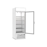 Beverage Air MMF19HC-1-W 27-1/4" one glass swing door merchandiser freezer, with the door open showing the interior