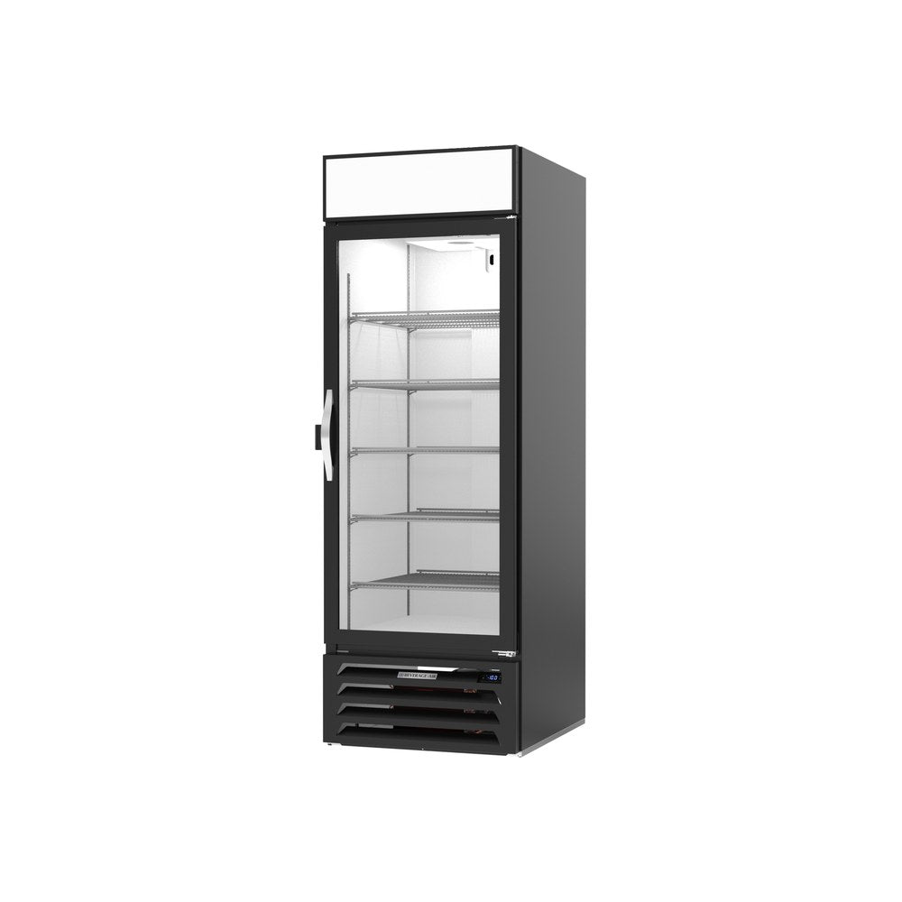 Beverage Air MMF23HC-1-B-IQ 28-1/4" one glass swing door merchandiser freezer, side angle view, door closed