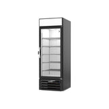 Beverage Air MMF23HC-1-B-IQ 28-1/4" one glass swing door merchandiser freezer, side angle view, door closed