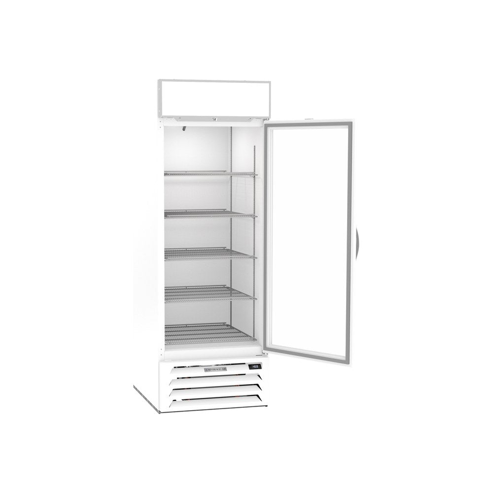Beverage Air MMF23HC-1-W 27-1/4" one glass swing door merchandiser freezer, with the door open showing the interior