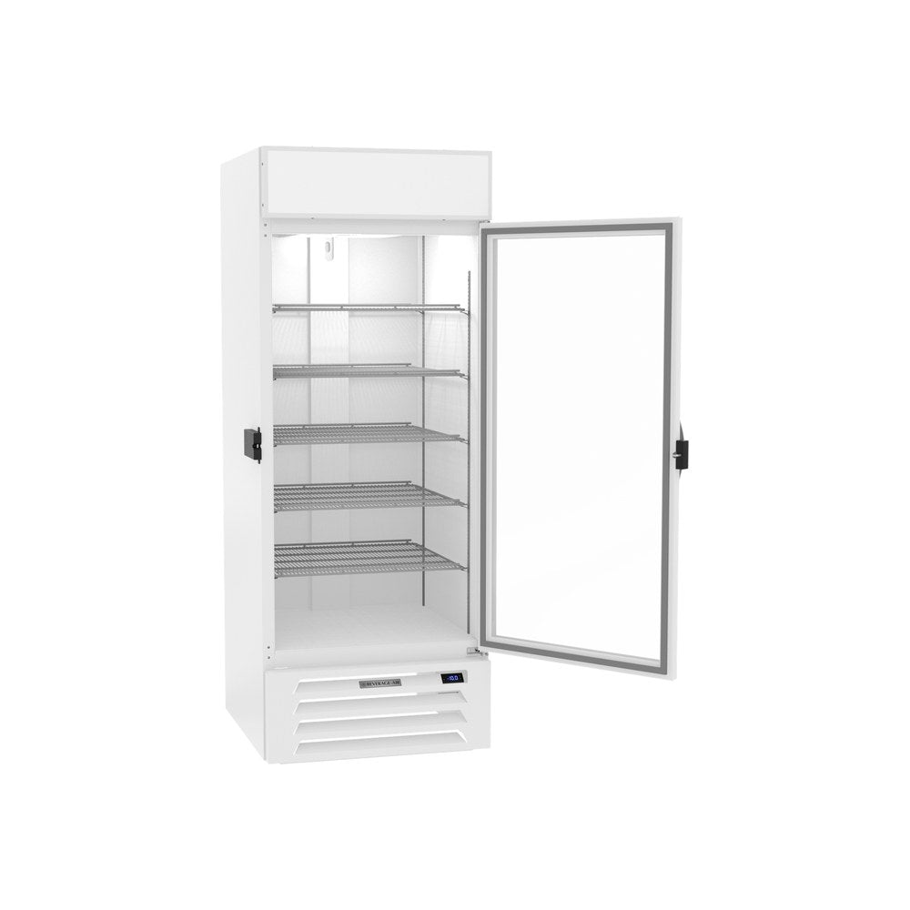 Beverage Air MMF27HC-1-W-IQ 30" one glass swing door merchandiser freezer, with the door open showing the interior