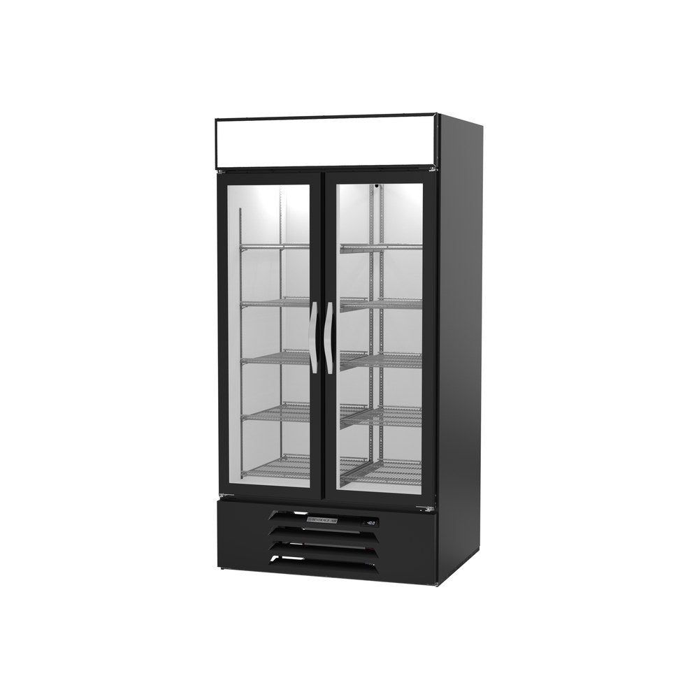 Beverage Air MMF35HC-1-B 39-1/2" two glass swing doors merchandiser freezer, side angle view, doors closed