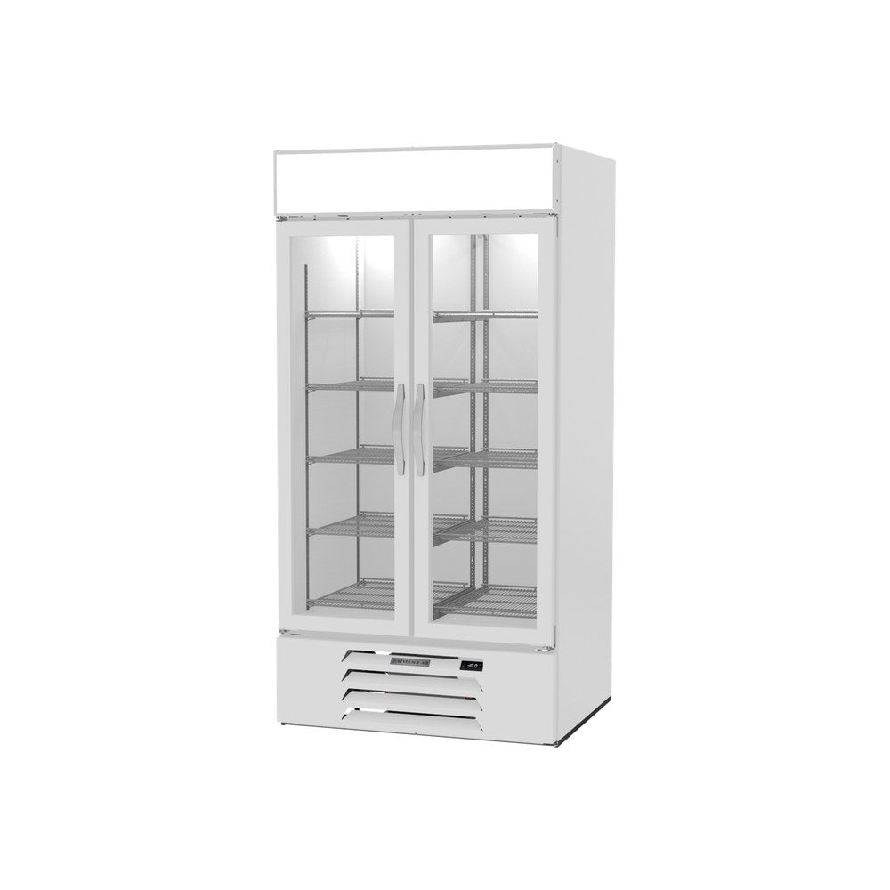 Beverage Air MMF35HC-1-W 39-1/2" two glass swing doors merchandiser freezer, side angle view, doors closed