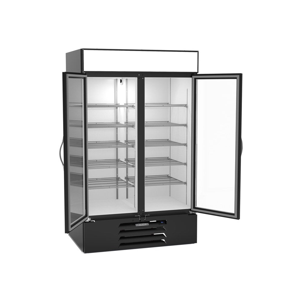 Beverage Air MMF44HC-1-B-IQ 47" two glass swing doors merchandiser freezer, with the doors open showing the interior