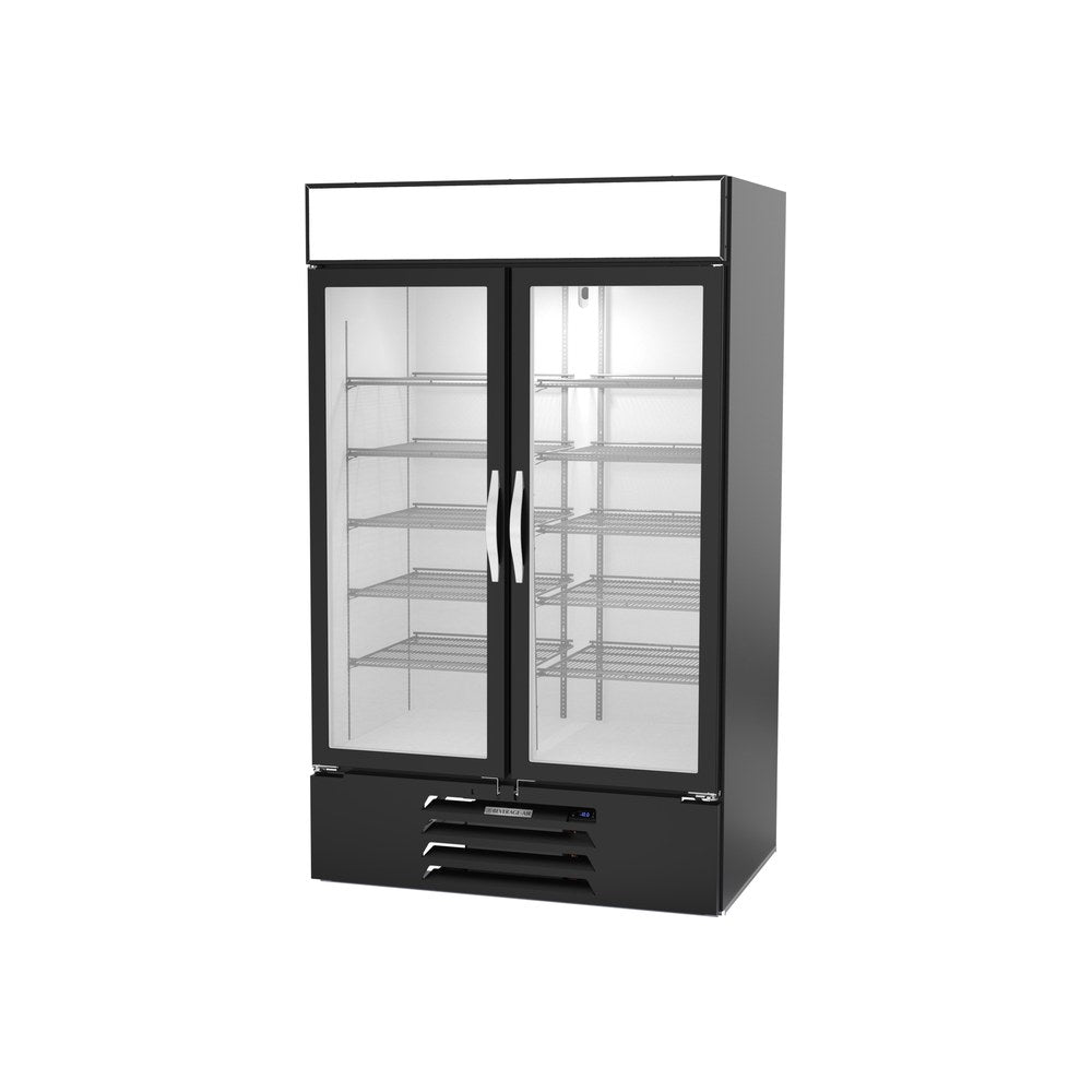 Beverage Air MMF44HC-1-B-IQ 47" two glass swing doors merchandiser freezer, side angle view, doors closed