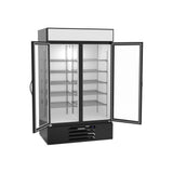 Beverage Air MMF44HC-1-B 47" two glass swing doors merchandiser freezer, with the doors open showing the interior