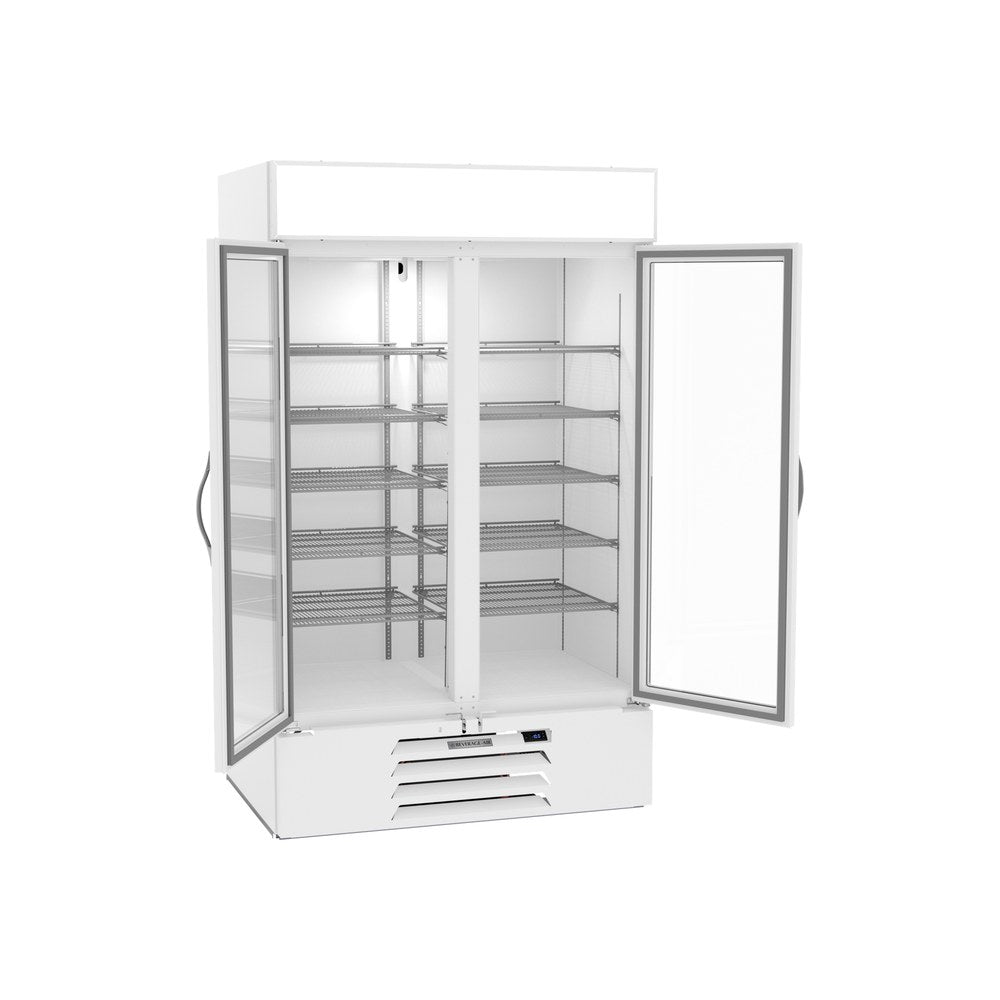Beverage Air MMF44HC-1-W-IQ 47" two glass swing doors merchandiser freezer, with the doors open showing the interior