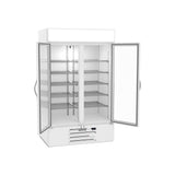 Beverage Air MMF44HC-1-W-IQ 47" two glass swing doors merchandiser freezer, with the doors open showing the interior