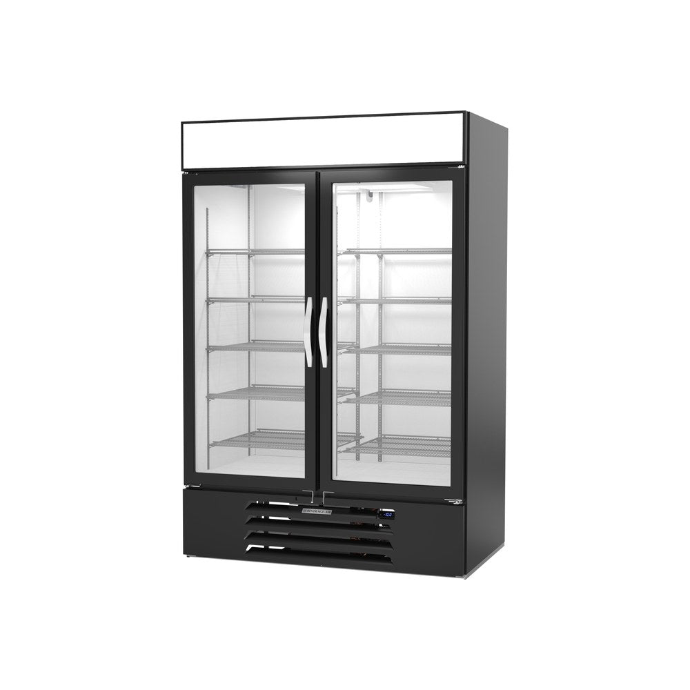 Beverage Air MMF49HC-1-B-IQ 52" two glass swing doors merchandiser freezer, side angle view, doors closed