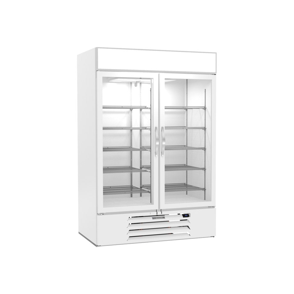 Beverage Air MMF49HC-1-W-IQ 52" two glass swing doors merchandiser freezer, front view, doors closed