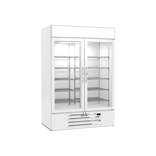 Beverage Air MMF49HC-1-W-IQ 52" two glass swing doors merchandiser freezer, front view, doors closed