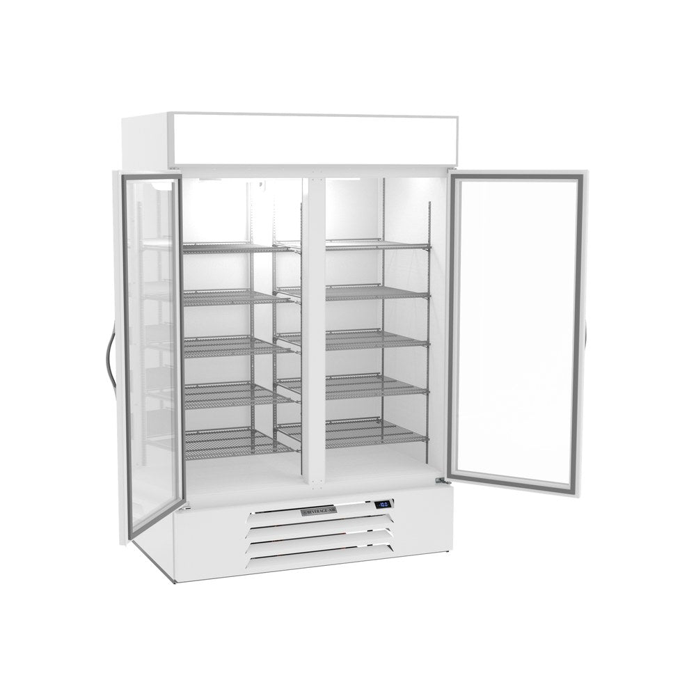 Beverage Air MMF49HC-1-W 52" two glass swing doors merchandiser freezer, with the doors open showing the interior