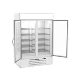 Beverage Air MMF49HC-1-W 52" two glass swing doors merchandiser freezer, with the doors open showing the interior