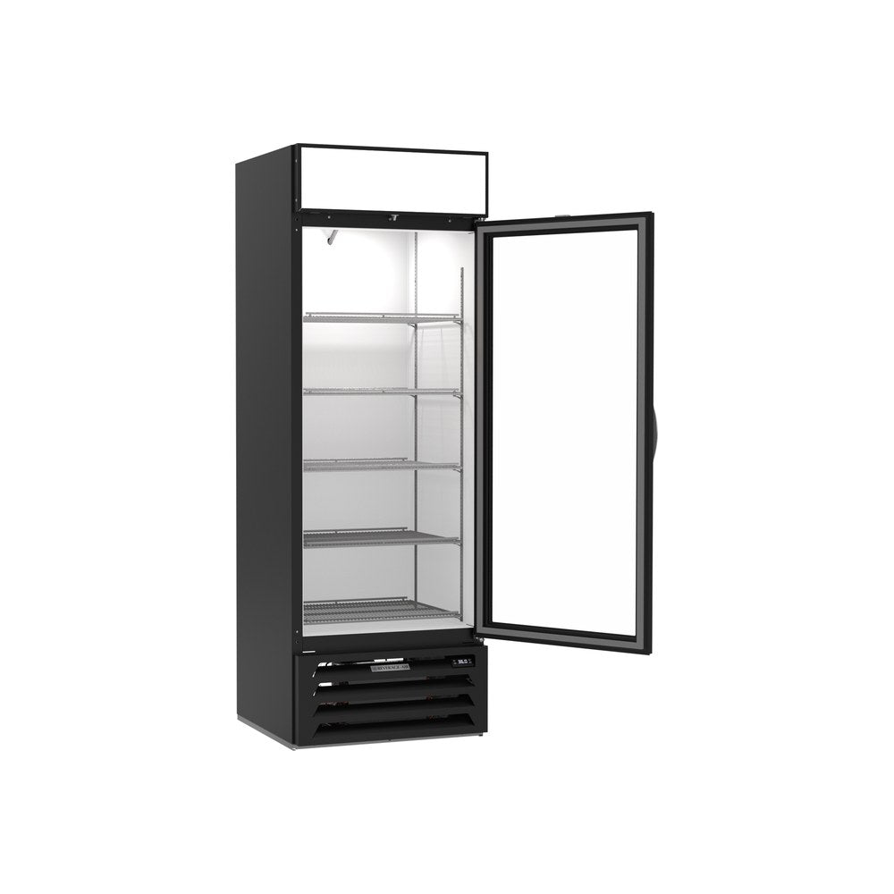 Beverage Air MMR19HC-1-B 27-1/4" one glass swing door merchandiser refrigerator, with the door open showing the interior