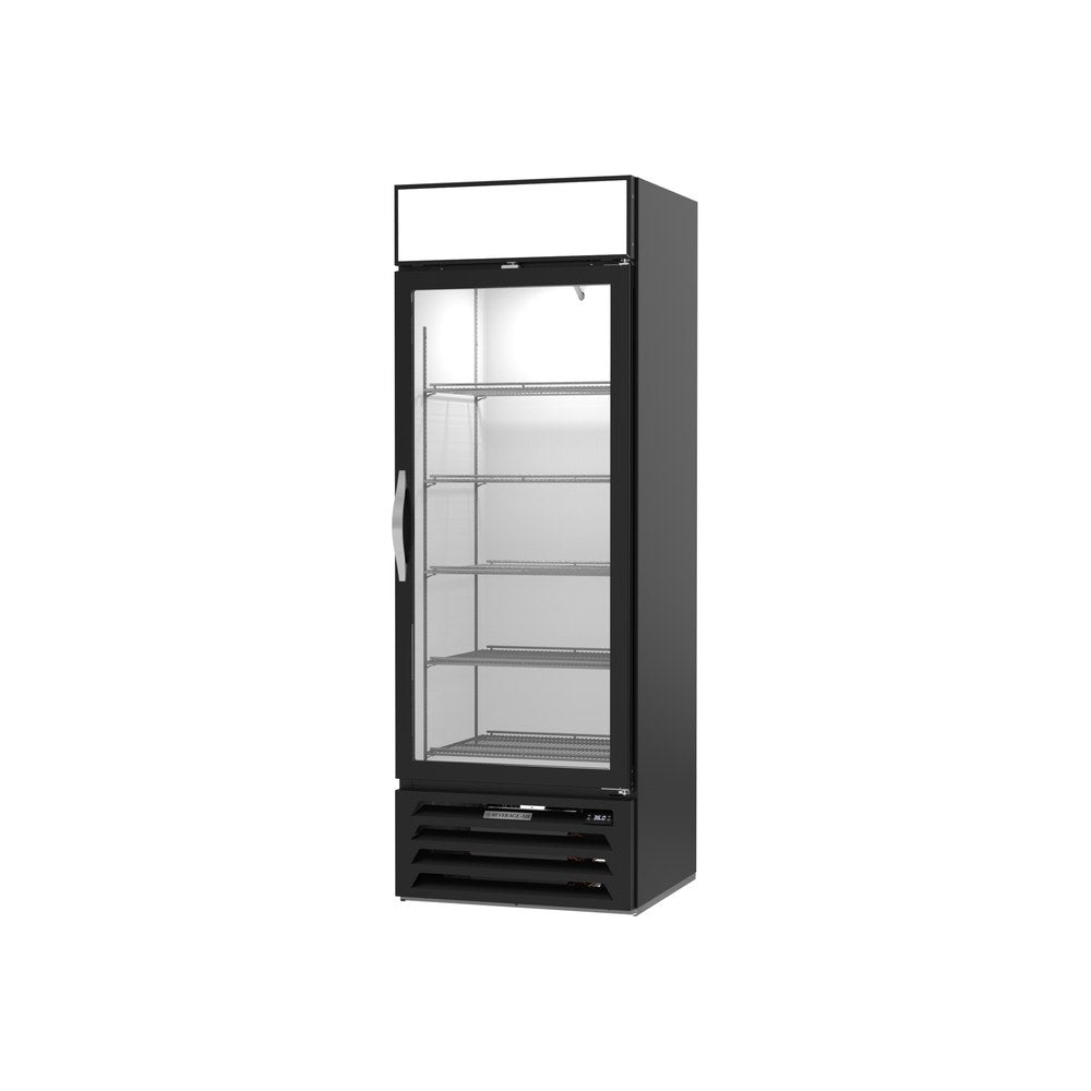 Beverage Air MMR19HC-1-B 27-1/4" one glass swing door merchandiser refrigerator, side angle view, door closed