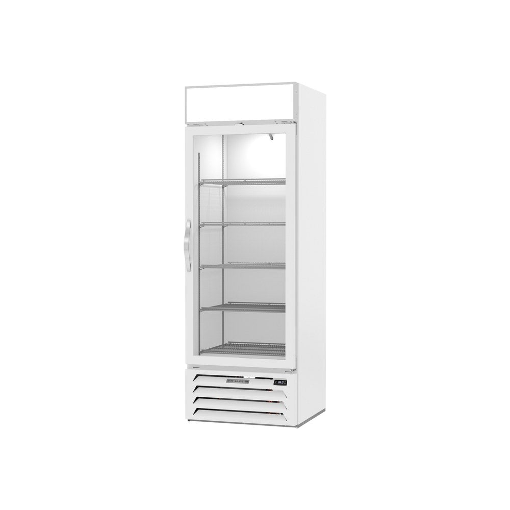 Beverage Air MMR19HC-1-W 27-1/4" one glass swing door merchandiser refrigerator, side angle view, door closed