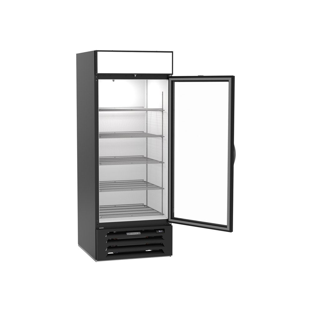 Beverage Air MMR27HC-1-B 30" one glass swing door merchandiser refrigerator, with the door open showing the interior