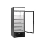 Beverage Air MMR27HC-1-B 30" one glass swing door merchandiser refrigerator, with the door open showing the interior