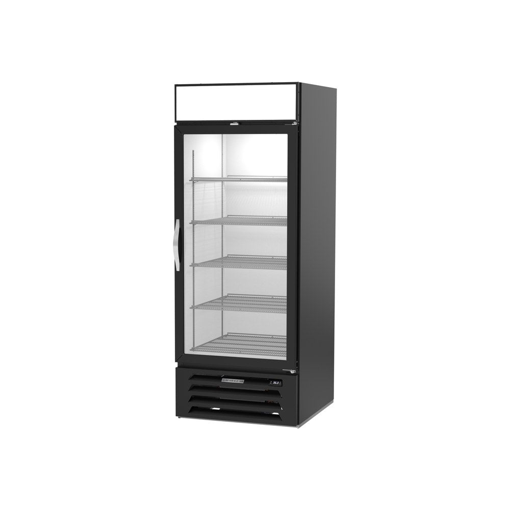 Beverage Air MMR27HC-1-B 30" one glass swing door merchandiser refrigerator, side angle view, door closed