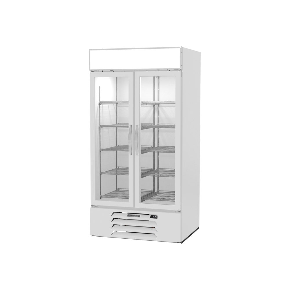 Beverage Air MMR35HC-1-W 39-1/2" two glass swing doors merchandiser refrigerator, side angle view, doors closed