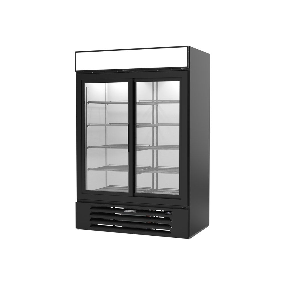 Beverage Air MMR45HC-1-B 52" two slide glass doors merchandiser refrigerator, side angle view, doors closed