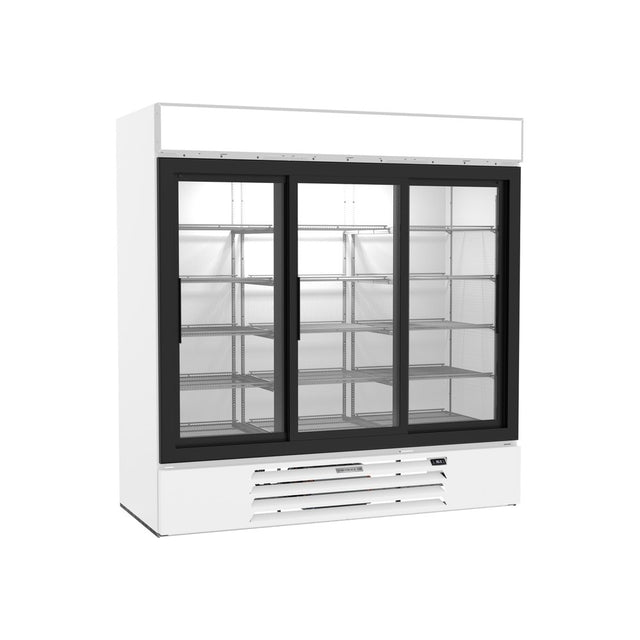 Beverage Air MMR66HC-1-W 75" three slide glass doors merchandiser refrigerator, front view, doors closed