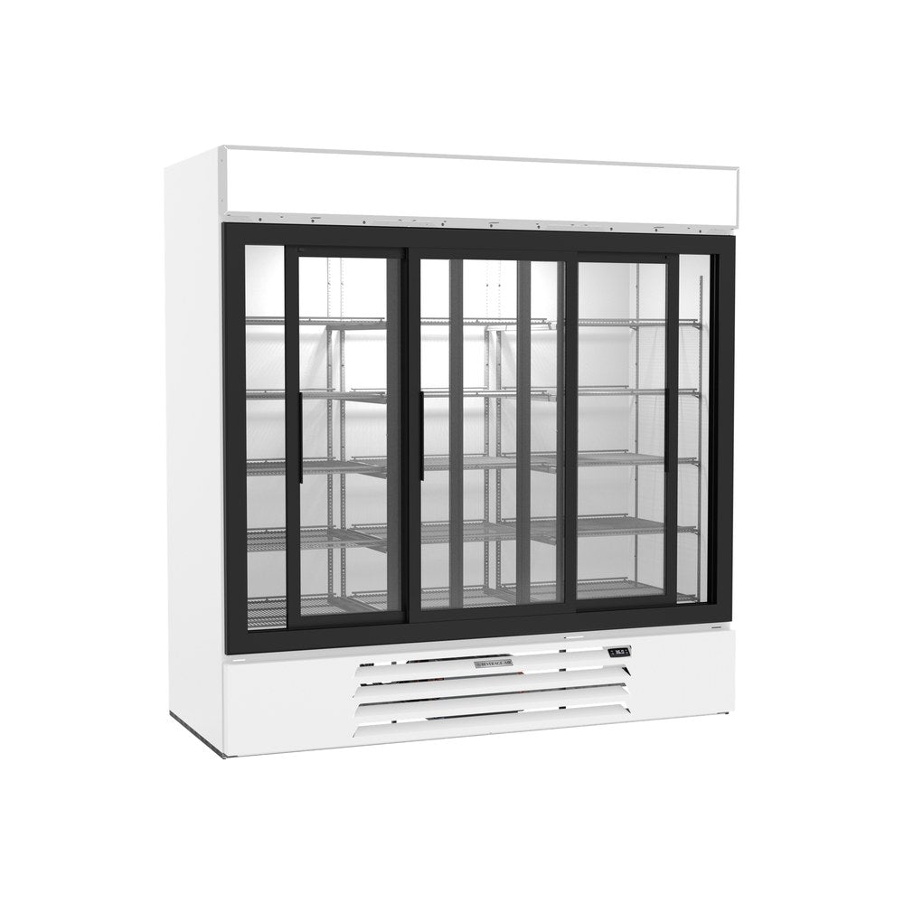 Beverage Air MMR66HC-1-W 75" three slide glass doors merchandiser refrigerator, with the doors open showing the interior