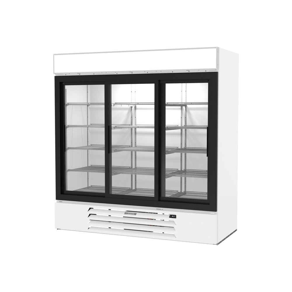 Beverage Air MMR66HC-1-W 75" three slide glass doors merchandiser refrigerator, side angle view, doors closed