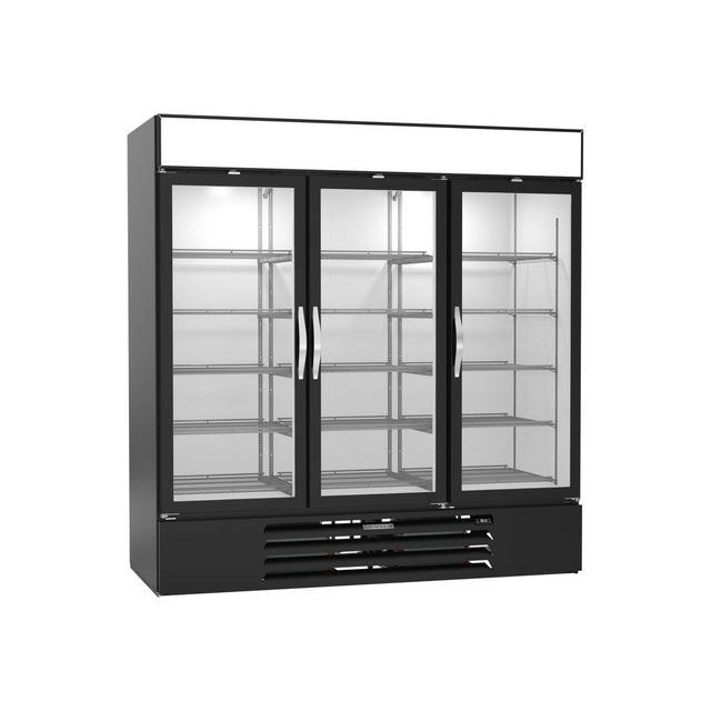 Beverage Air MMR72HC-1-B 75" three glass swing doors merchandiser refrigerator, front view, doors closed
