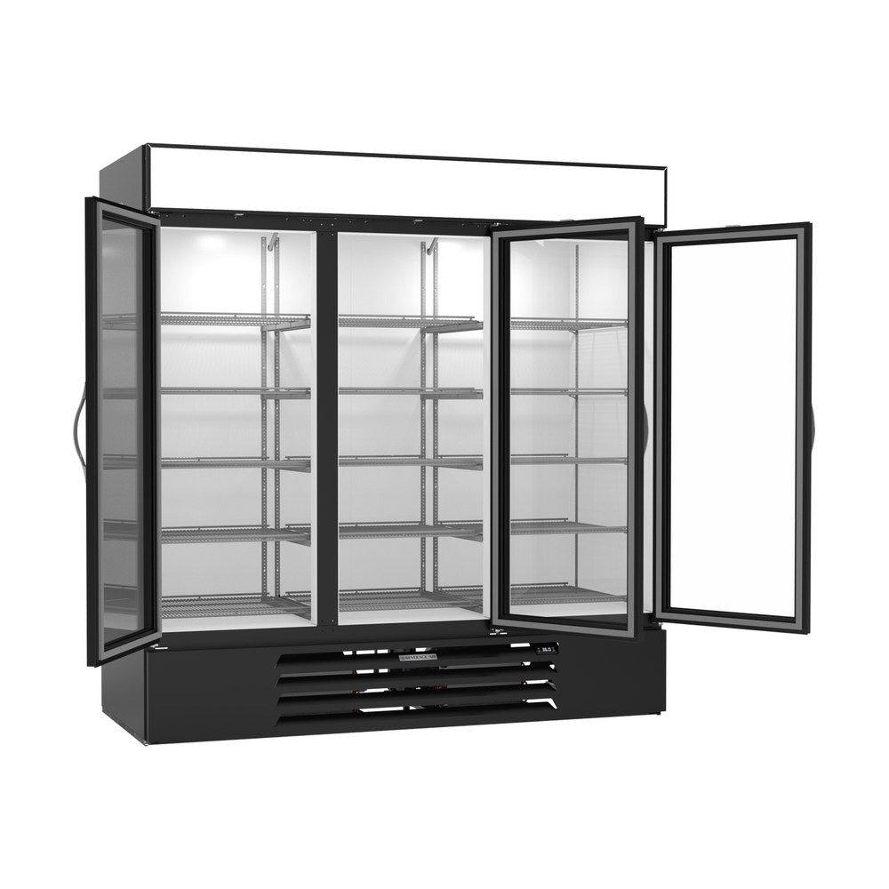Beverage Air MMR72HC-1-B 75" three glass swing doors merchandiser refrigerator, with the doors open showing the interior