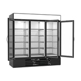 Beverage Air MMR72HC-1-B 75" three glass swing doors merchandiser refrigerator, with the doors open showing the interior
