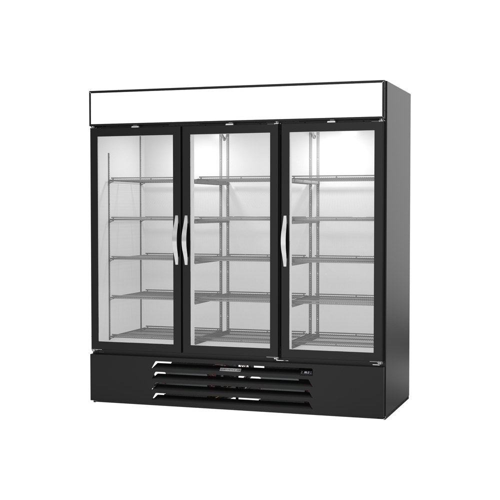 Beverage Air MMR72HC-1-B 75" three glass swing doors merchandiser refrigerator, side angle view, doors closed