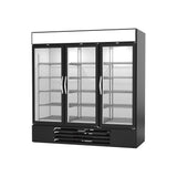 Beverage Air MMR72HC-1-B 75" three glass swing doors merchandiser refrigerator, side angle view, doors closed