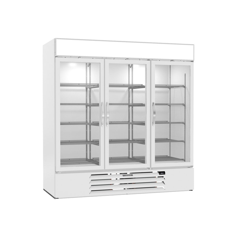 Beverage Air MMR72HC-1-W 75" three glass swing doors merchandiser refrigerator, front view, doors closed