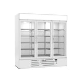 Beverage Air MMR72HC-1-W 75" three glass swing doors merchandiser refrigerator, front view, doors closed