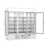 Beverage Air MMR72HC-1-W 75" three glass swing doors merchandiser refrigerator, with the doors open showing the interior