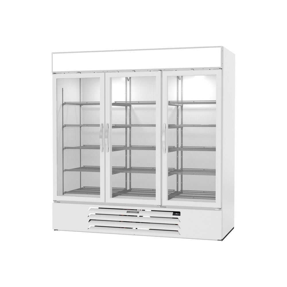 Beverage Air MMR72HC-1-W 75" three glass swing doors merchandiser refrigerator, side angle view, doors closed